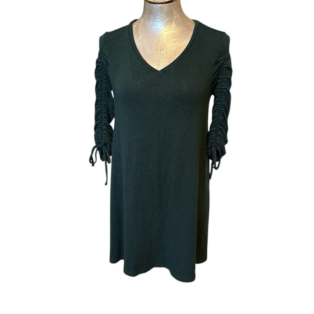 LOFT Petites Dark Green Ruched Sleeve Brushed Knit Dress Vneck size XS